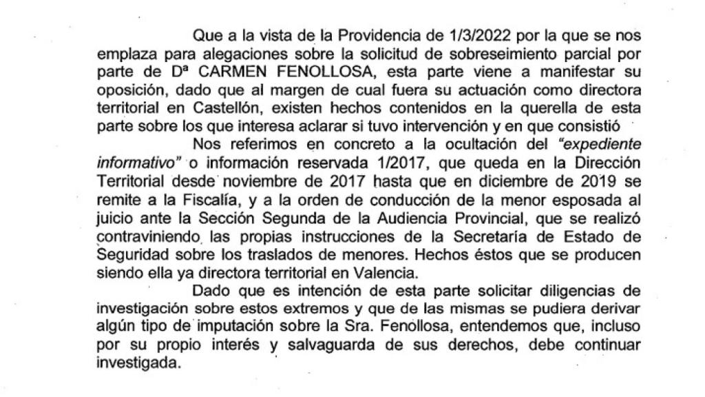 Extracto del escrito de alegaciones presentado por Maite.