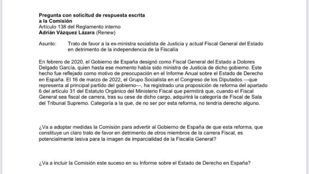 Extracto de la pregunta escrita presentada a la Comisión Europea sobre la enmienda a la Ley Concursal que beneficia a Dolores Delgado.