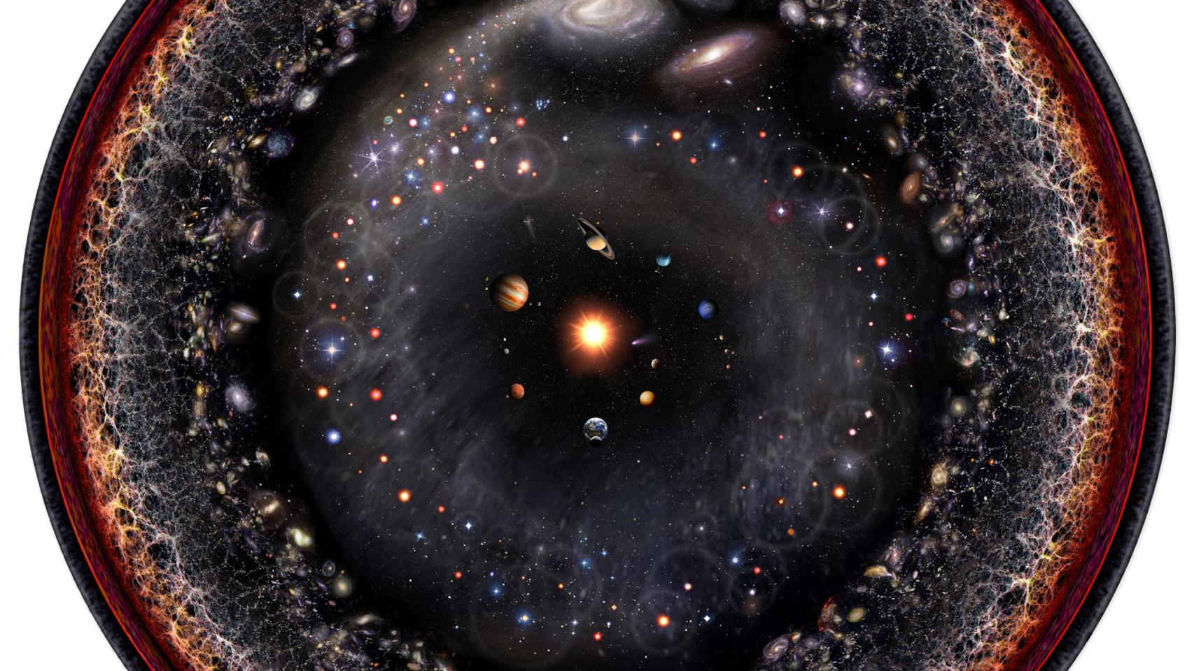Ilustración del universo observable con el Sistema Solar en el centro. Imagen: Pablo Carlos Budassi