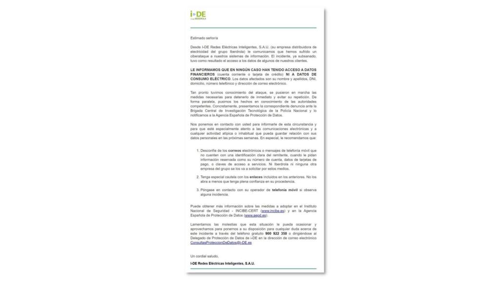 Mensaje de Iberdrola sobre el hackeo