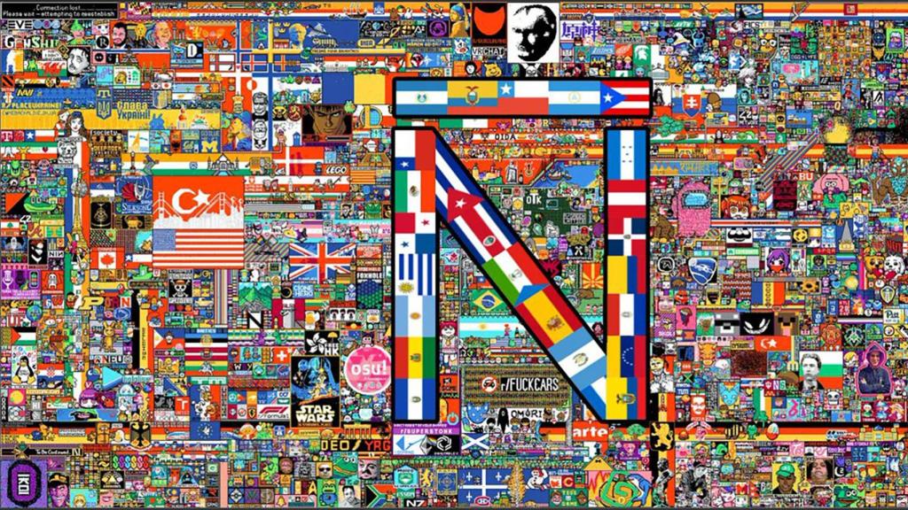 Mural de Reddit con la Ñ formando las banderas de la comunidad hispanohablante.