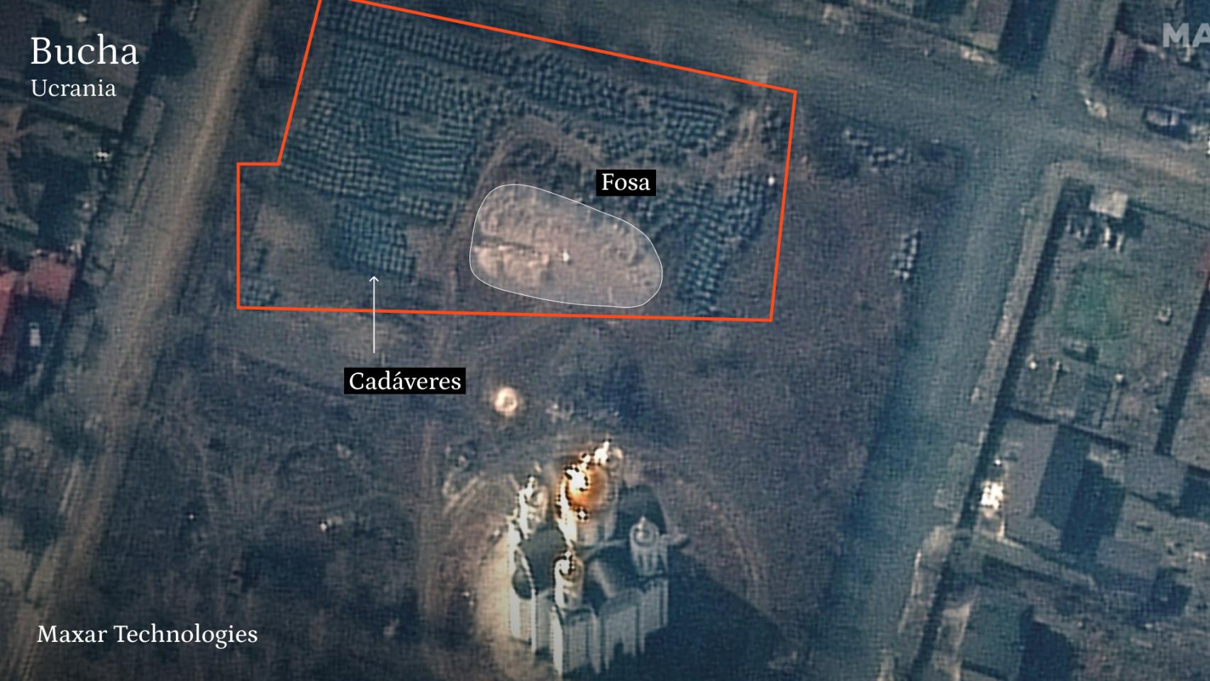 Fosa común con decenas de cadáveres en Bucha, Ucrania. Satellite image Maxar Technologies