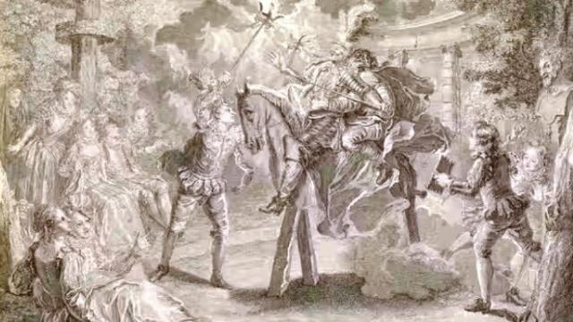 Estampa con aguafuerte y buril sobre la aventura de Clavileño, para cartones para tapices diseñados por Charles-Antoine Coypel entre 1715 y 1721. BNE -Biblioteca Digital Hispánica, CC BY-SA