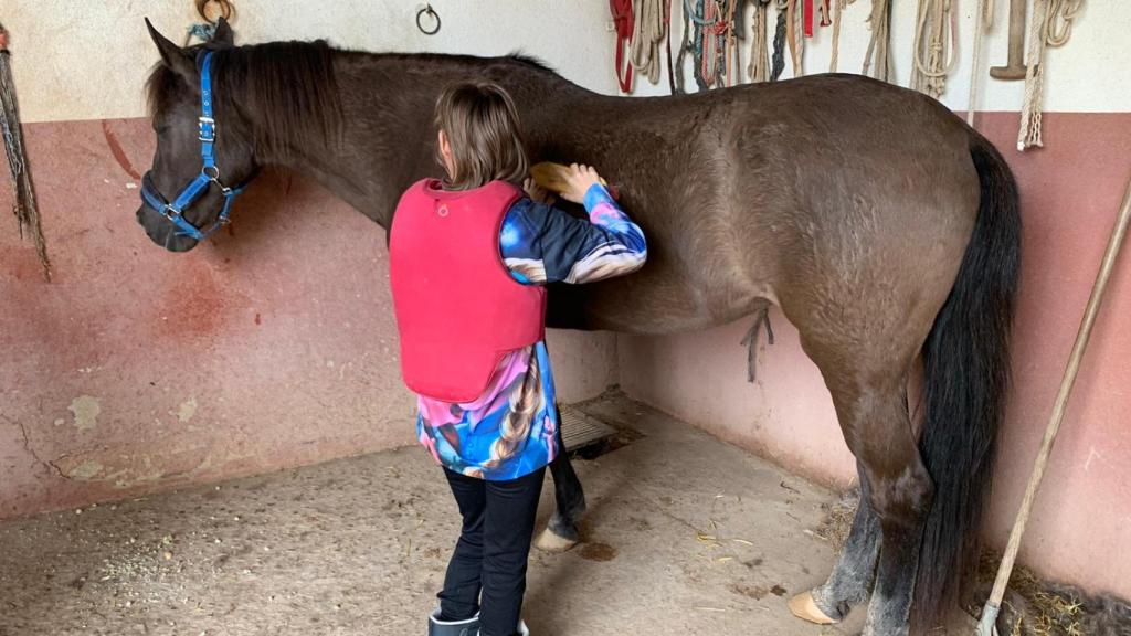 Cristina cepillando al caballo en El Tomillar.