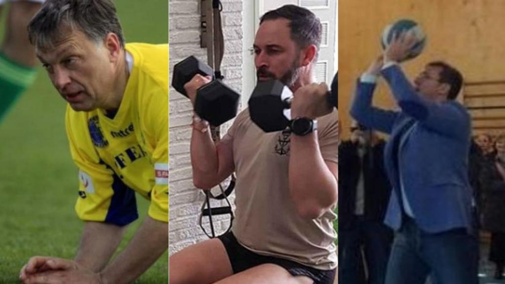 Orban jugando al fútbol, Abascal en el gimnasio y Vucic con una pelota de basket.