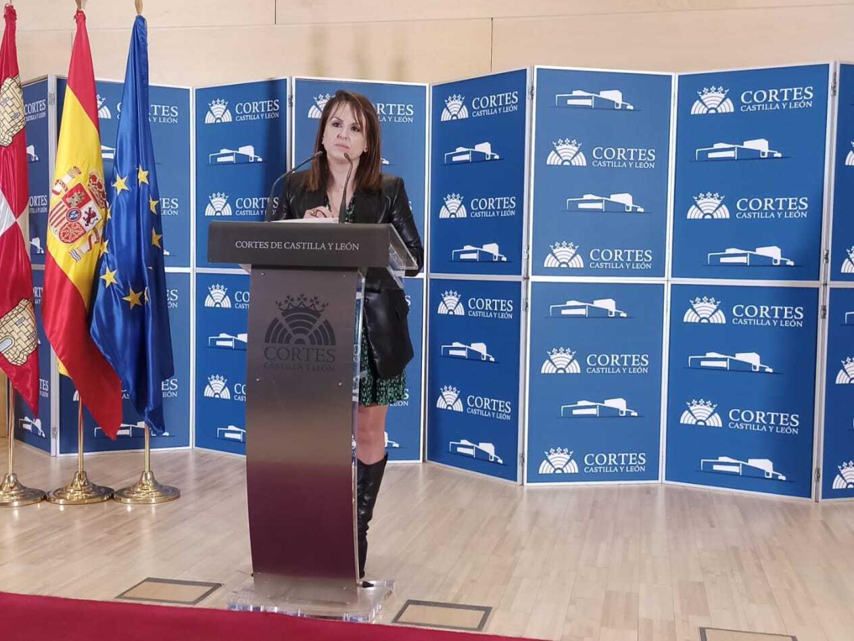 La portavoz del PSOE durante la rueda de prensa de este jueves.