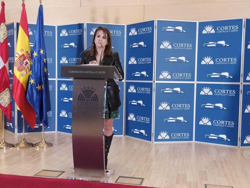 La portavoz del PSOE durante la rueda de prensa de este jueves.