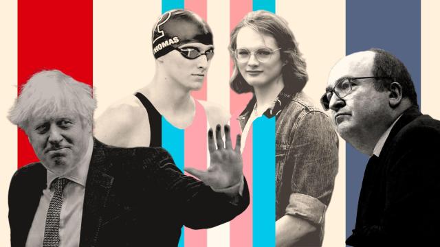 Boris Johnson y Miquel Iceta en un fotomontaje junto a Lia Thomas y Emily Bridges