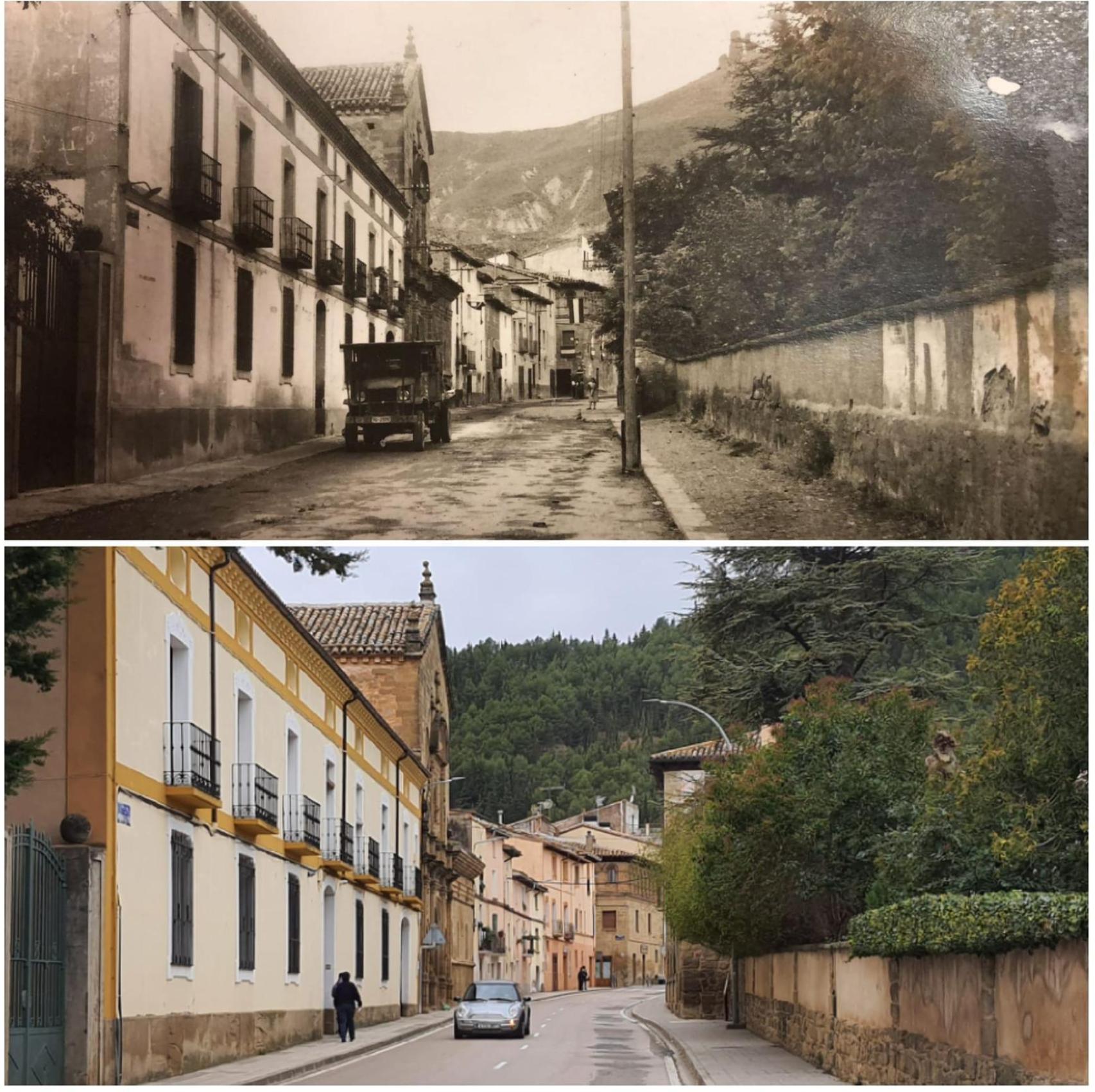 La casa familiar de Manuel Sarasa en Ayerbe. En la foto antigua, con el camión de su padre aparcado.