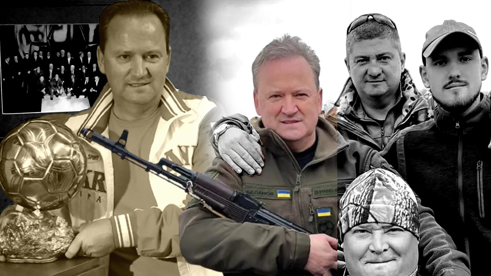 Igor Belanov, en un fotomontaje con su Balón de Oro y empuñando un arma.