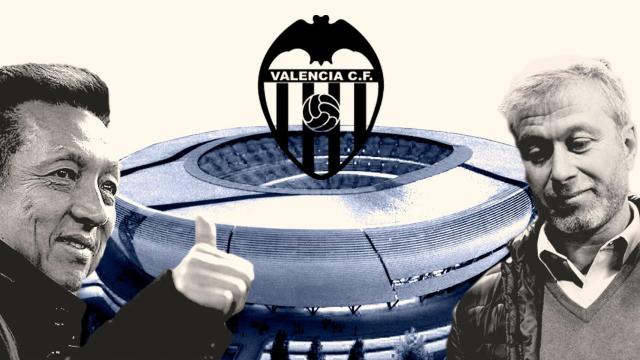Peter Lim y Roman Abramovich con el nuevo Mestalla de fondo
