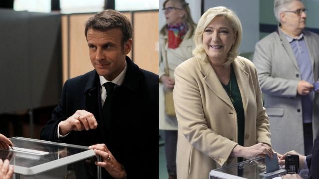 Emmanuel Macron, a la izquierda; y Marine Le Pen, introduciendo su papeleta en las urnas.