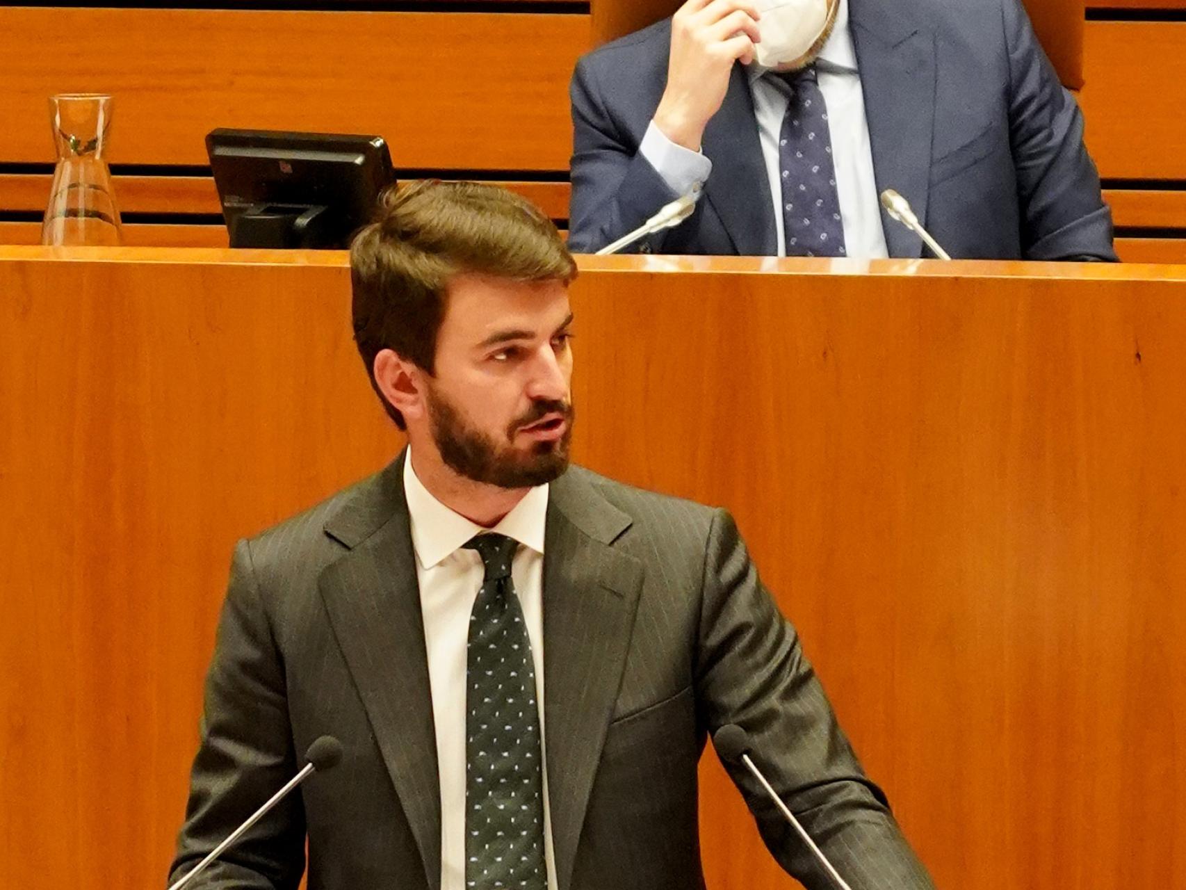 El nuevo vicepresidente de la Junta, Juan García-Gallardo, durante su discurso, este lunes en las Cortes.