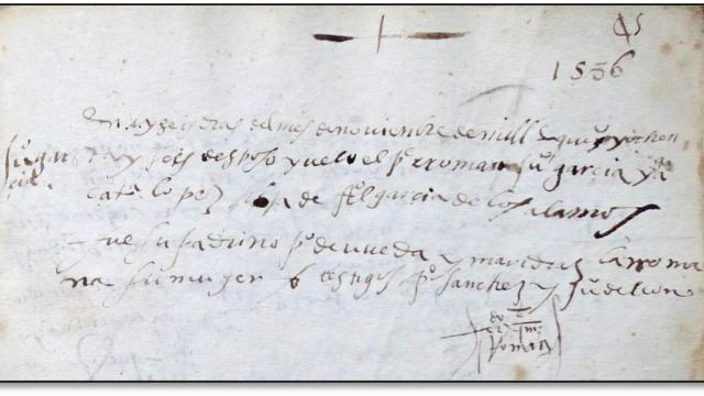 Detalle del folio 45 del Libro Primero de desposorios y velaciones del Archivo parroquial de Santa María,  en el que aparece Catalina López hija de Alonso de los Álamos en 1586. Foto: Sociedad Cervantina de Alcázar de San Juan.