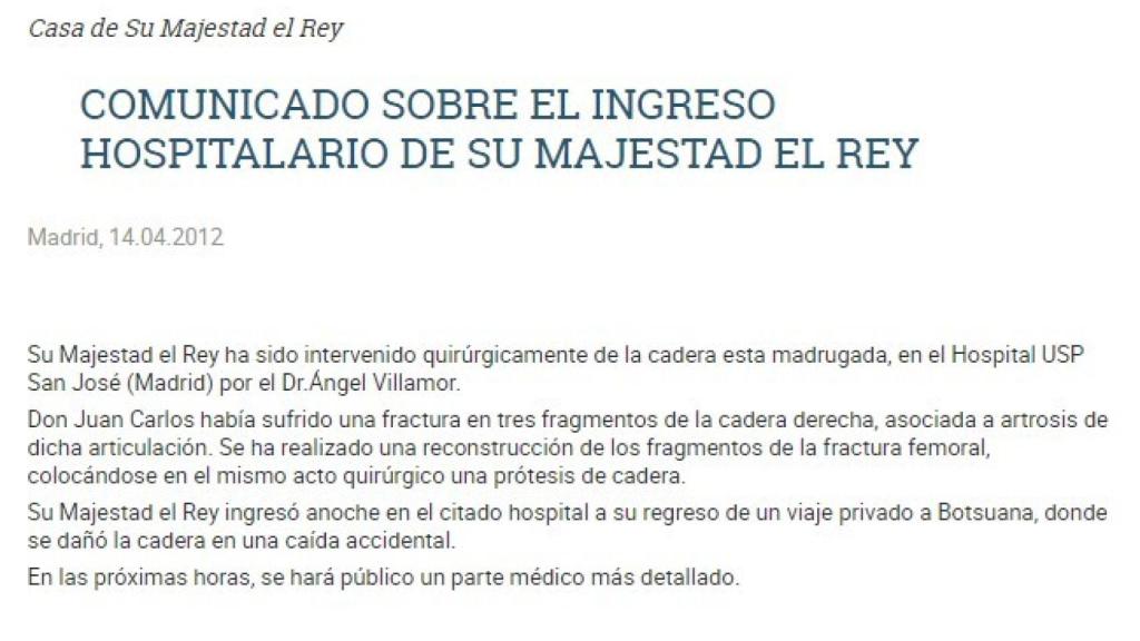 Comunicado de la Casa Real.