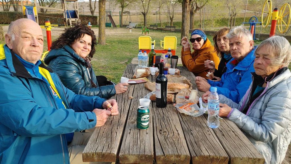 Cinco de los peregrinos y Rosana de Castro (arriba a la izquierda) disfrutando de Castronuño