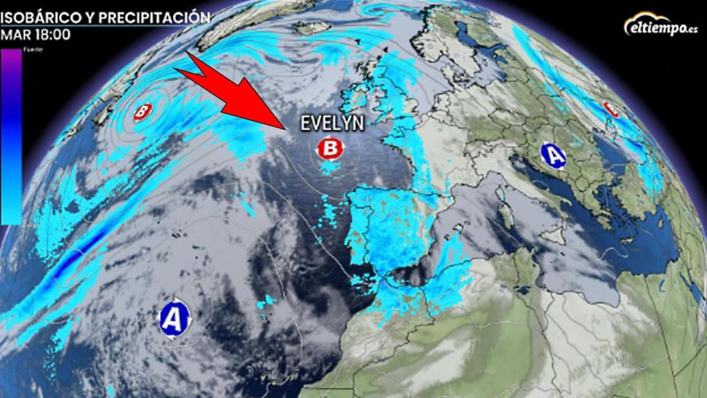 La situación de la borrasca Evelyn al norte de la Península. Eltiempo.es