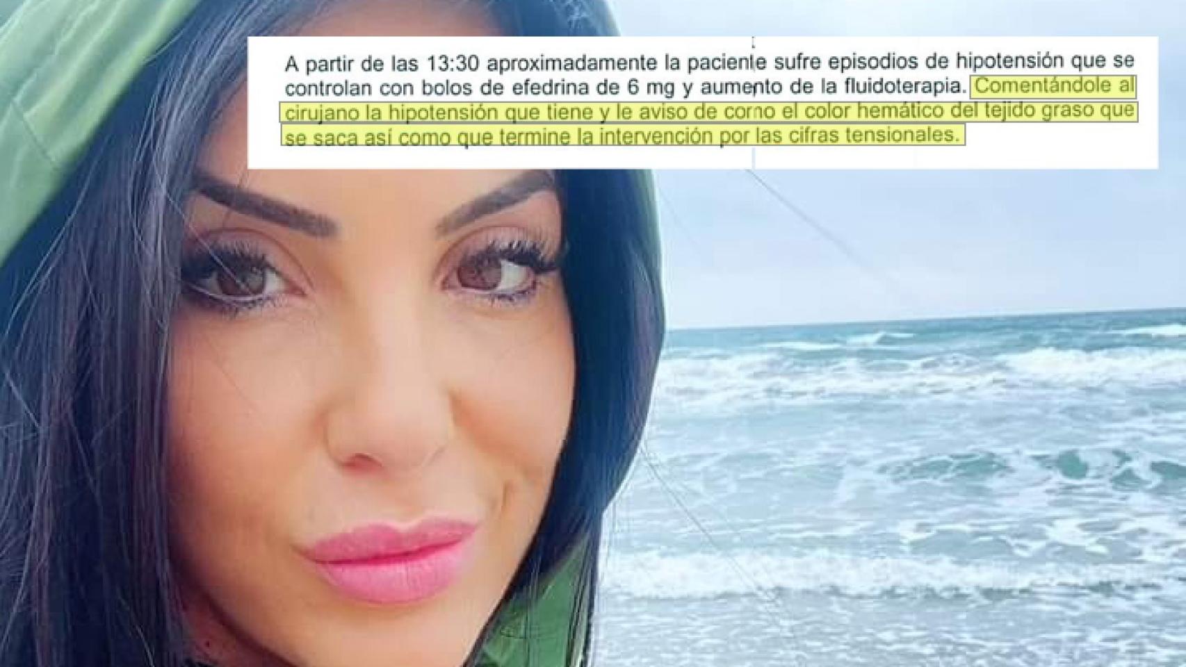 La difunta Sara con un extracto del acta de comparecencia del anestesista ante la Inspección de Sanidad.