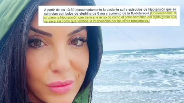 La difunta Sara con un extracto del acta de comparecencia del anestesista ante la Inspección de Sanidad.