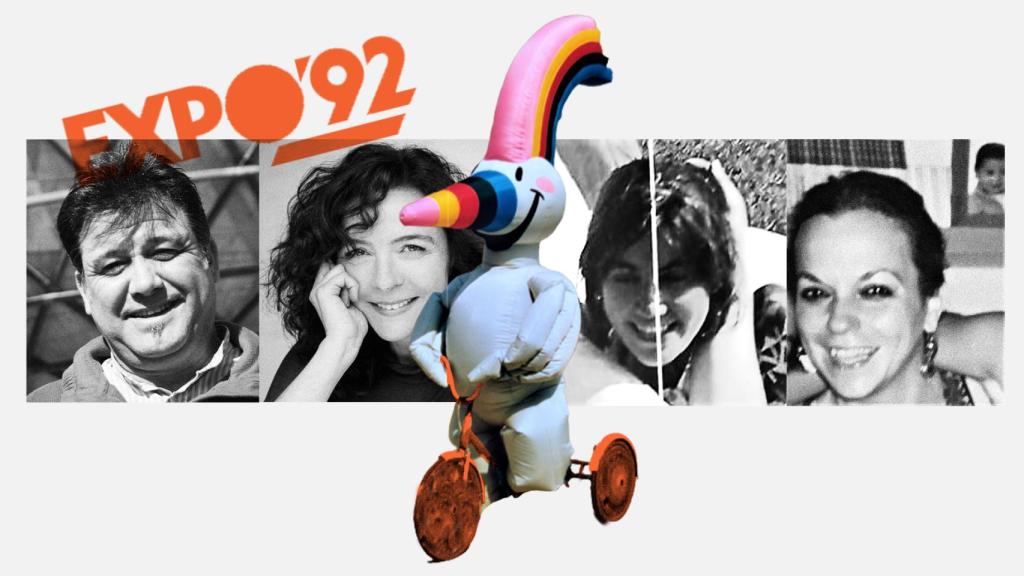 Curro y los cuatro que lo interpretaron en la Expo 92: desde la izquierda, Ángel Ramos, Candela Fernández, Pilar Pinazo y Lucía Tejero.