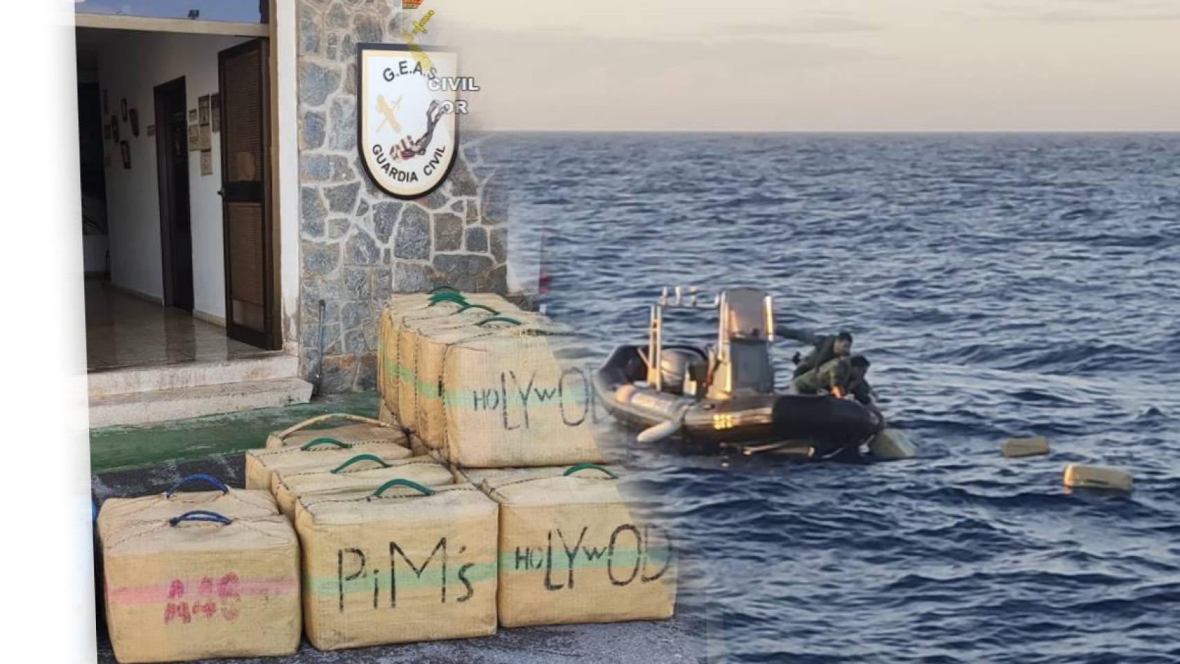 A la derecha, los fardos en tierra que habían aprehendido agentes de la Guardia Civil de Alicante.