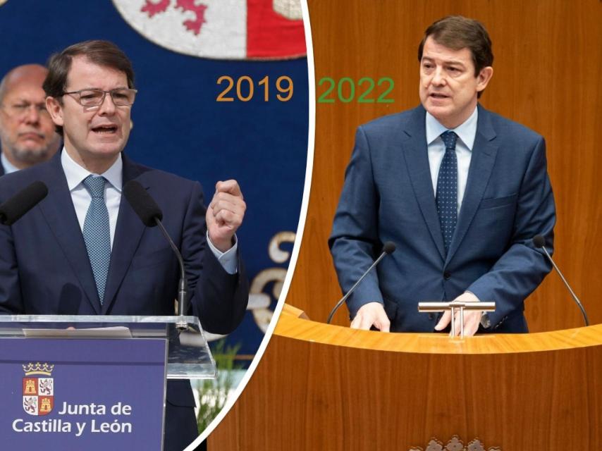 Mañueco durante su primera toma de posesión en 2019 y en la pasada investidura de  hace una semana