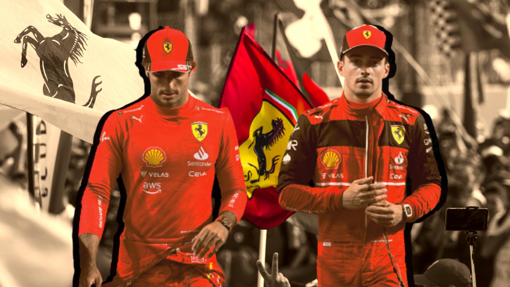 Carlos Sainz Jr. y Charles Leclerc, en un fotomontaje con tifosi de Ferrari en Imola.