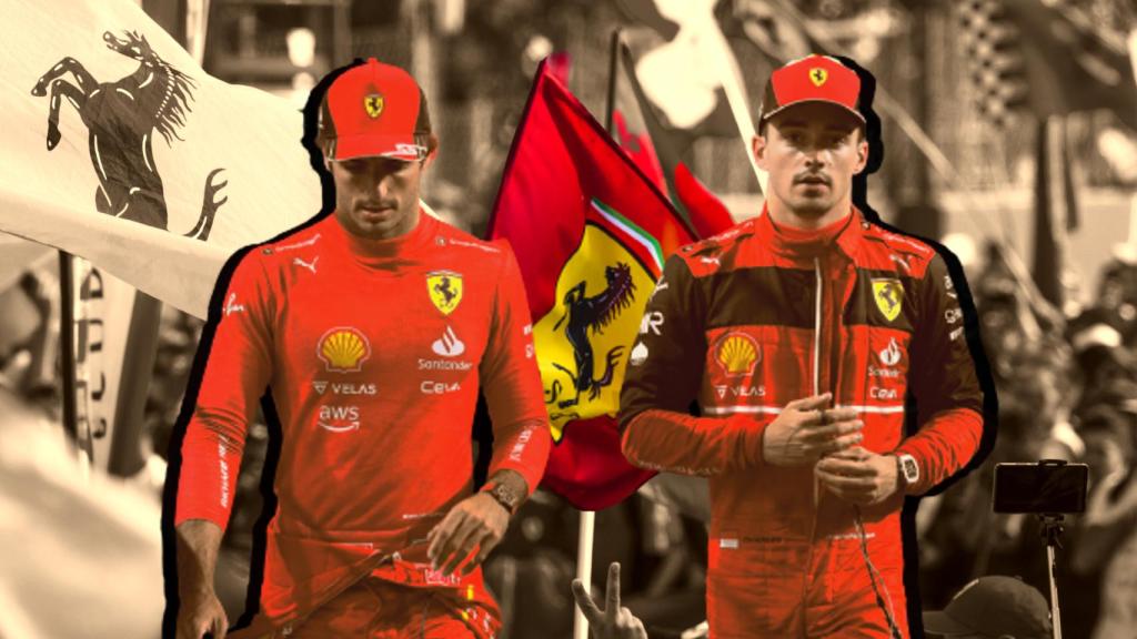 Carlos Sainz Jr. y Charles Leclerc, en un fotomontaje con tifosi de Ferrari en Imola.