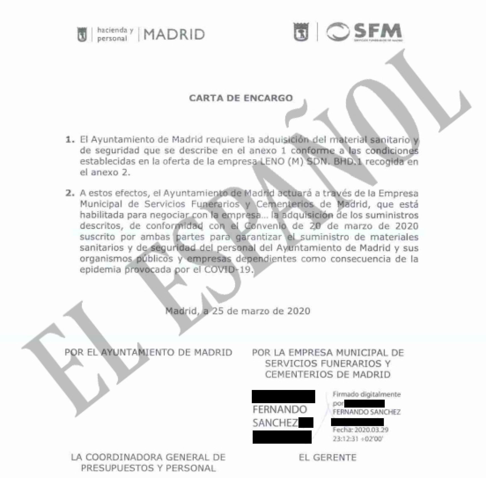 Carta aportada por la empresa funeraria.