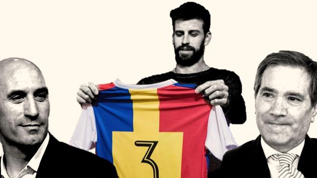 Luis Rubiales, Gerard Piqué y Santiago Ballesté, presidente de CE L'Hospitalet