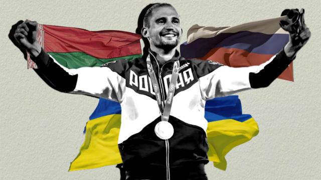 Aleksander Lesun, en un fotomontaje con las banderas de Bielorrusia, Rusia y Ucrania.