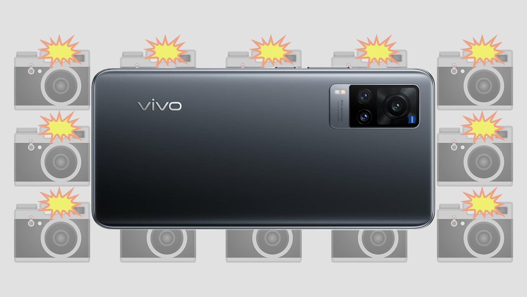 Fotomontaje con un smartphone vivo X51 y unos emojis de unas cámaras.