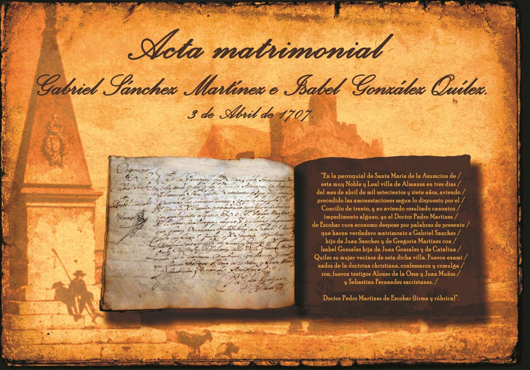 Acta matrimonial de Gabriel e Isabel, casados en abril de 1707.