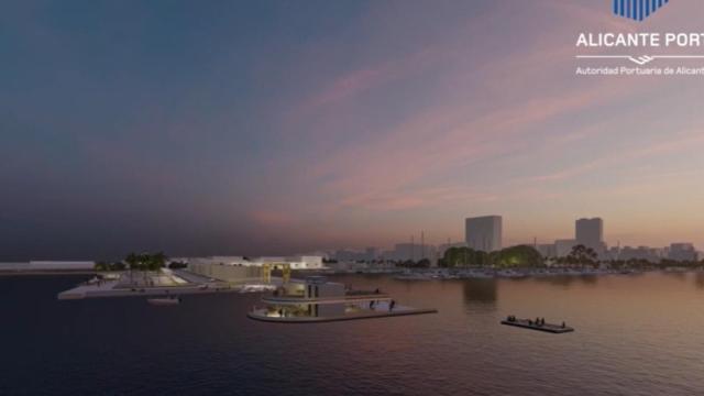 Simulación del restaurante en la isla del puerto de Alicante.