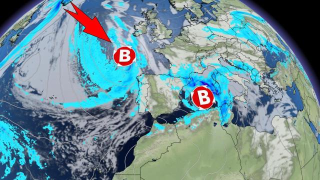El tránsito de las dos borrascas, la atlántica y la mediterránea. Eltiempo.es.