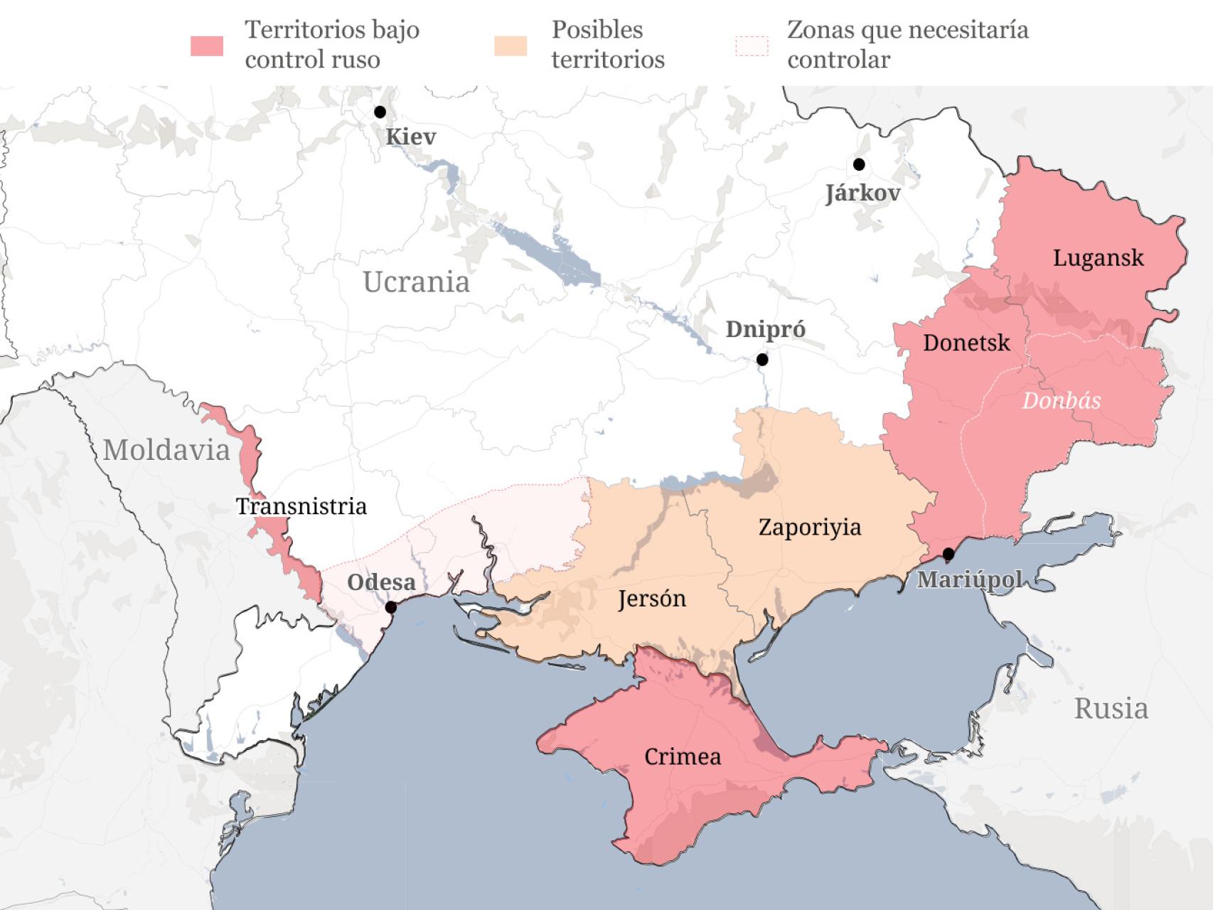 Mapa con el territorio ucraniano que podría acabar ocupado por Rusia.