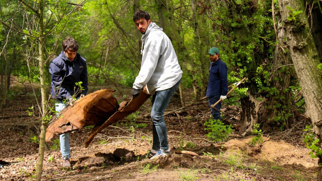Un par de voluntarios recogen una plancha metálica oxidada
