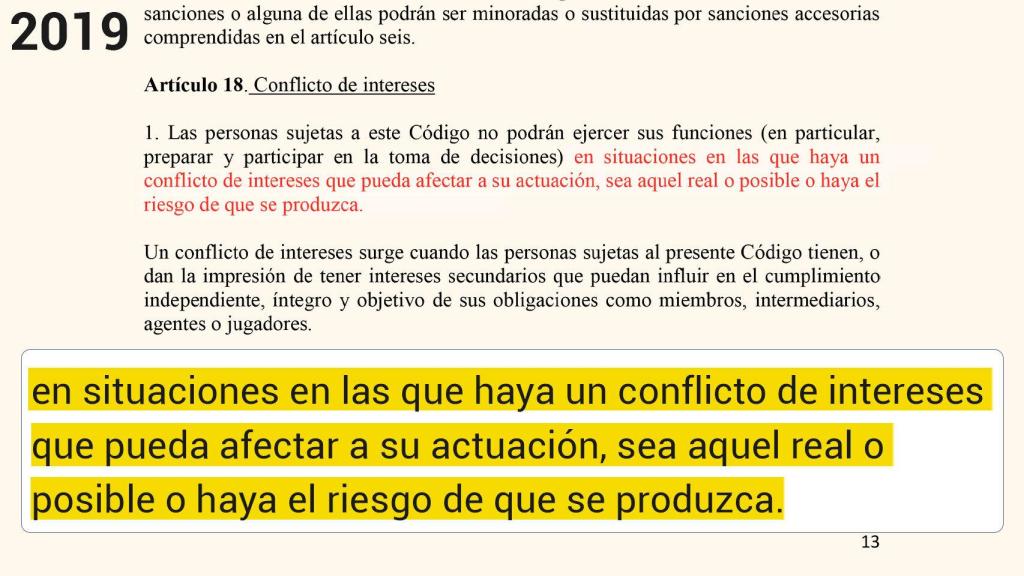 El fragmento sobre el conflicto de intereses del Código Ético de la RFEF que se instauró tras el acuerdo entre la Federación y Arabia Saudí.