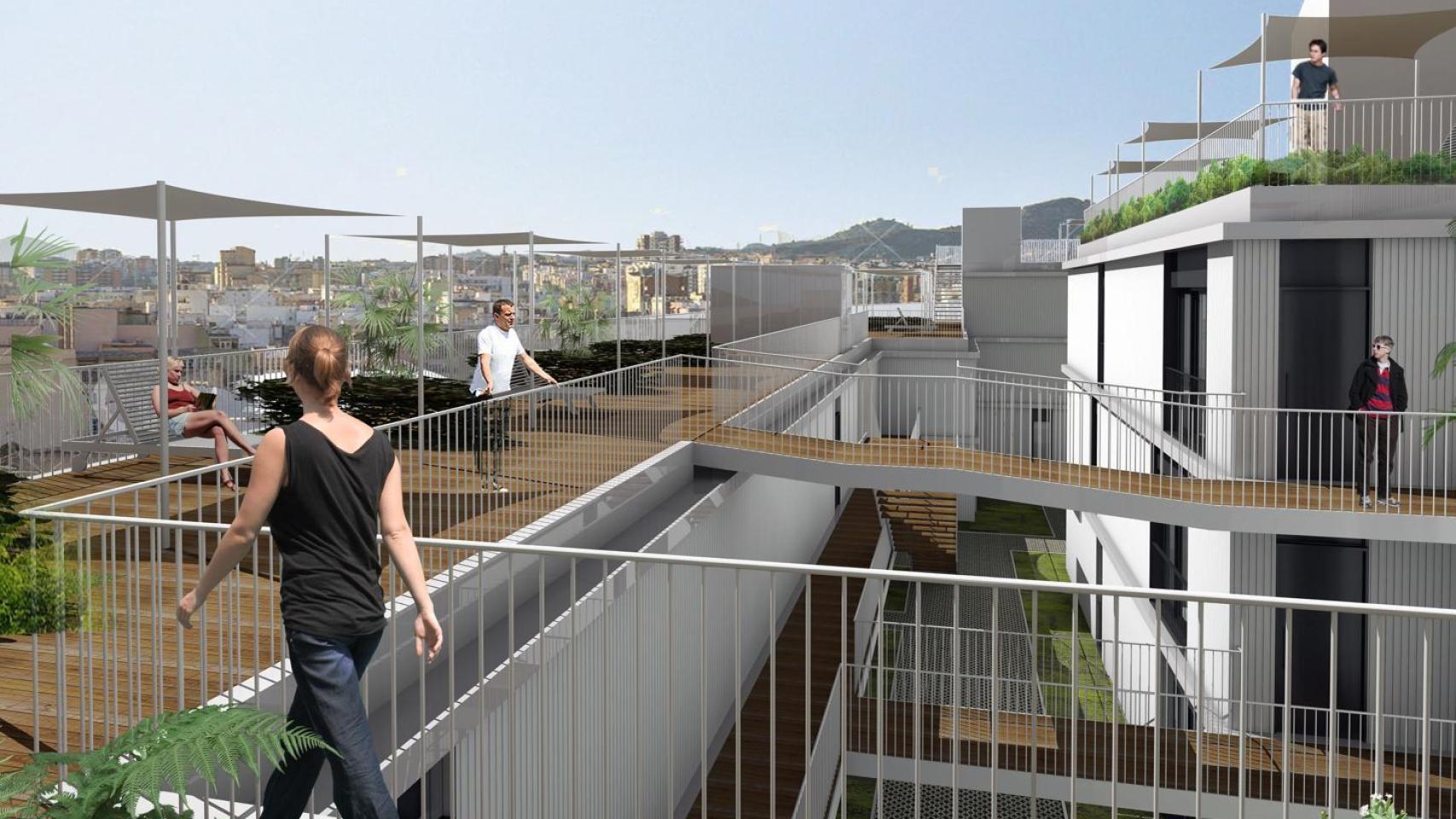 Infografía de la zona de cubierta de la nueva promoción residencial proyectada por la Junta en La Trinidad, en Málaga.