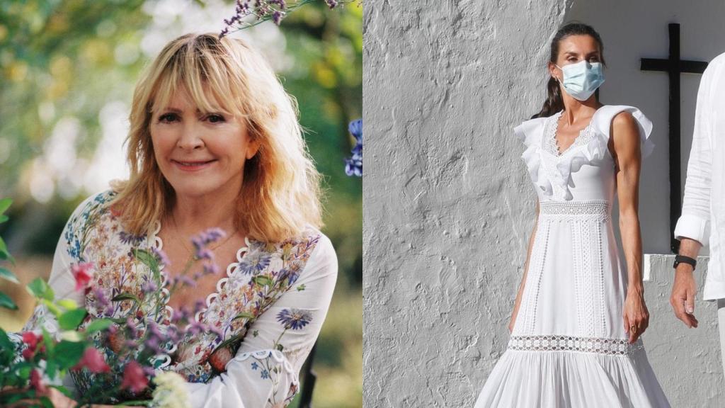 Charo Ruiz (izq) y la reina Letizia con uno de sus diseños durante una visita a Islas Baleares en agosto de 2020 (dch).