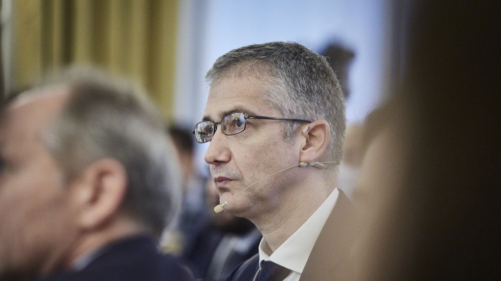 El gobernador del Banco de España, Pablo Hernández de Cos, participa en un desayuno informativo el pasado marzo.