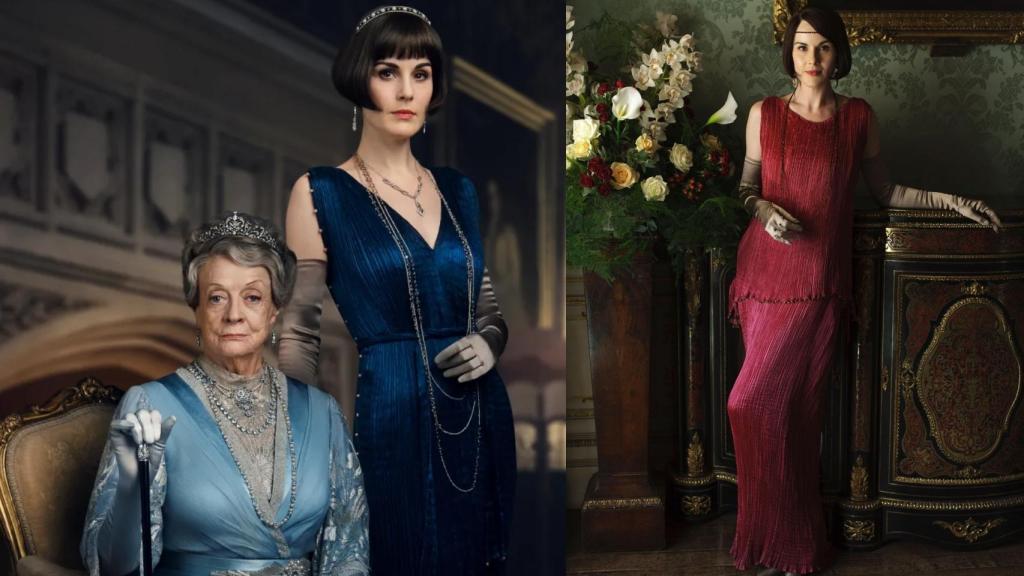 Los personajes de lady Violet (a la izquierda) y lady Mary (a la derecha); esta última luce en ambas el Delphos de Fortuny.