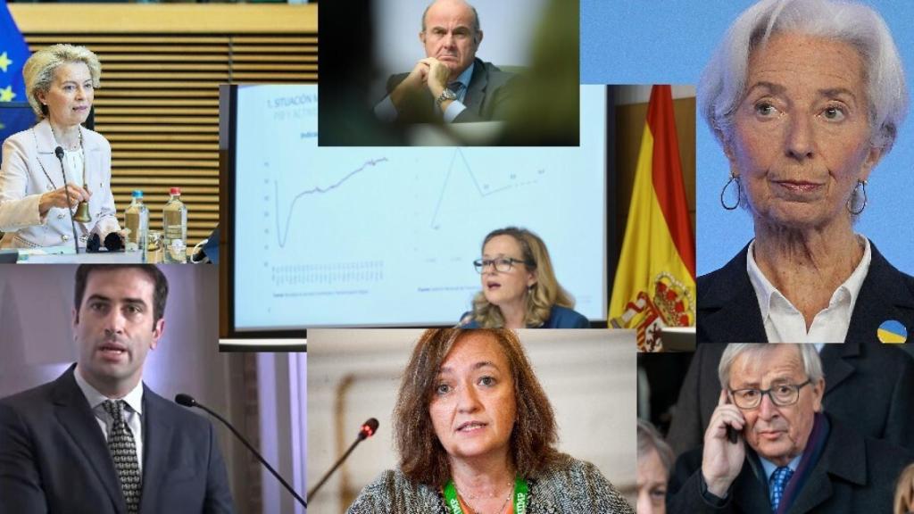 Ursula von der Leyen, Luis de Guindos, Christine Lagarde, Carlos Cuerpo, Nadia Calviño, Cristina Herrero y Jean Claude Juncker.