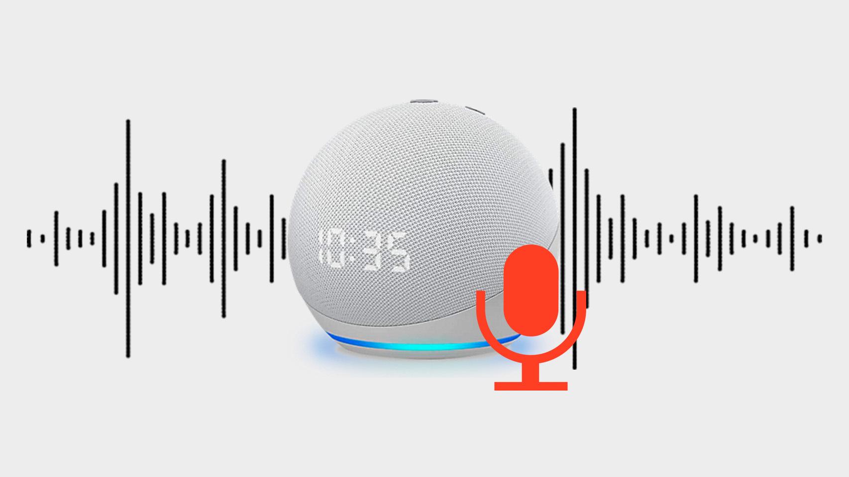 Fotomontaje con un Amazon Echo Dot y unas ondas de audio.