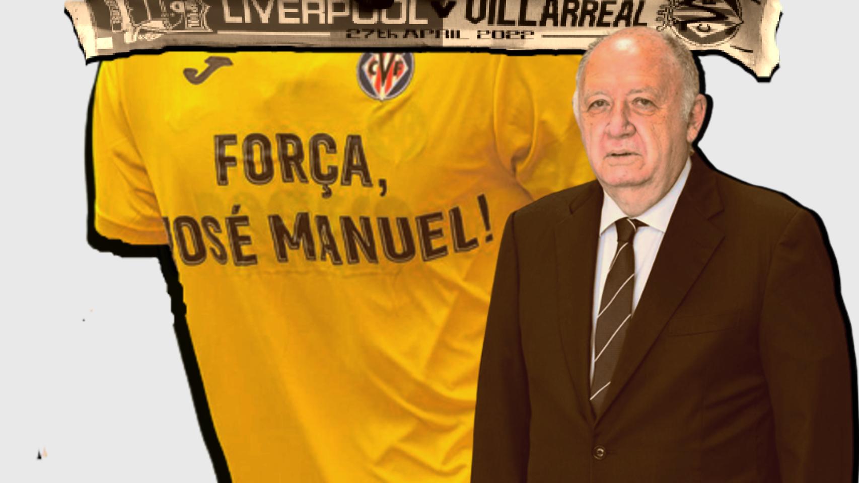 José Manuel Llaneza, vicepresidente del Villarreal CF, en un fotomontaje con la camiseta especial que lució la plantilla y una bufanda del partido contra el Liverpool.