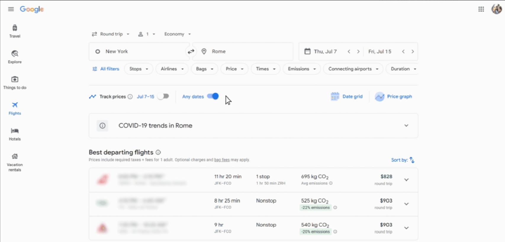 Nuevos filtros en Google Flights