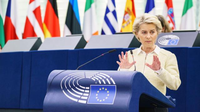 La presidenta de la Comisión, Ursula von der Leyen, durante su discurso este miércoles en la Eurocámara
