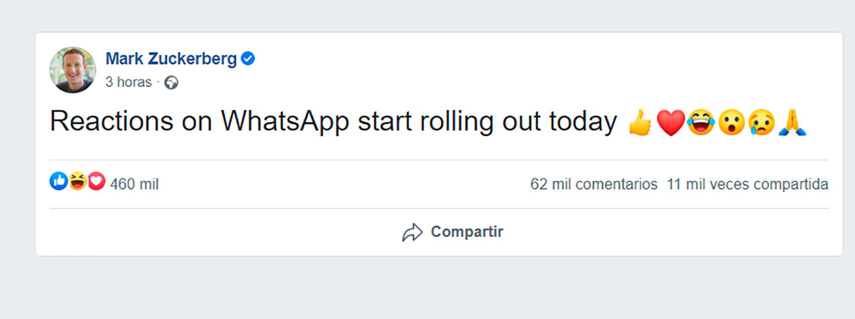 WhatsApp con sus reacciones anunciado por Mark