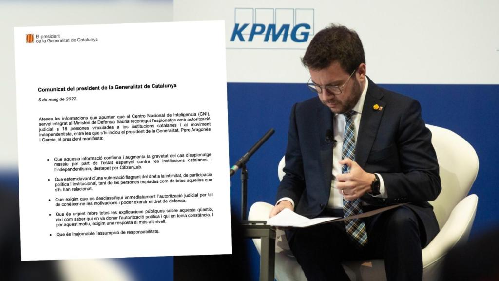 El presidente de la Generalitat, Pere Aragonès, junto al comunicado que ha emitido este jueves exigiendo responsabilidades por el espionaje.