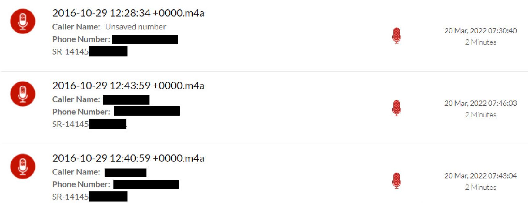 Un registro de llamadas de una aplicación espía 'legal'.